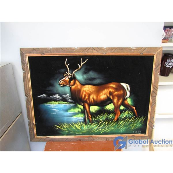 **Vintage Wooden Framed Velvet Elk Painting