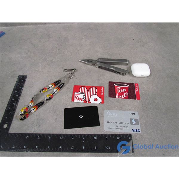 Gift Cards, Multi Tool, Apple Airpod(left only) and Beaded Lanyard