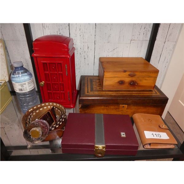 wooden boxes, belt, wallet