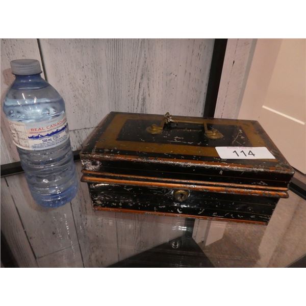 antique metal cash box with key