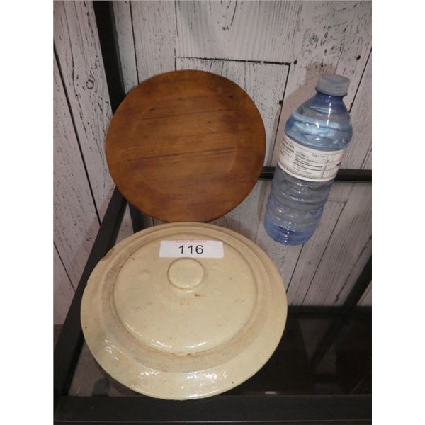 1 wooden & 1 ceramic crock lids no. 1
