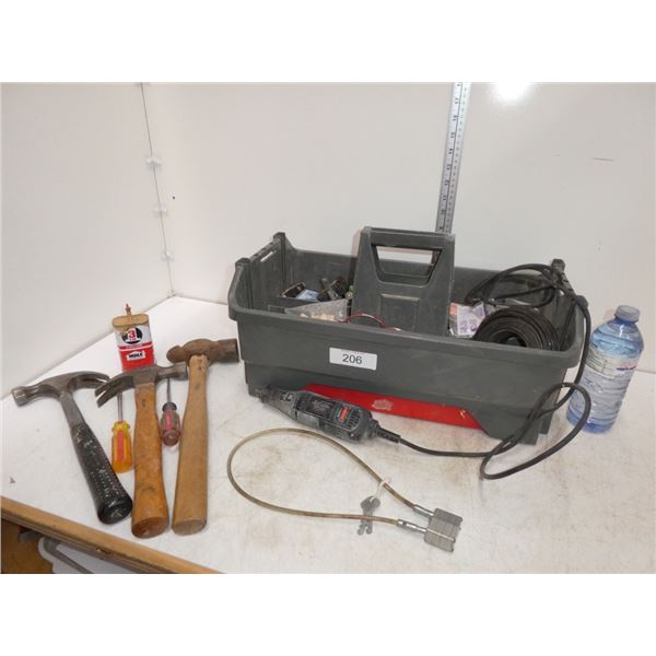 plastic tool caddy & assorted tools