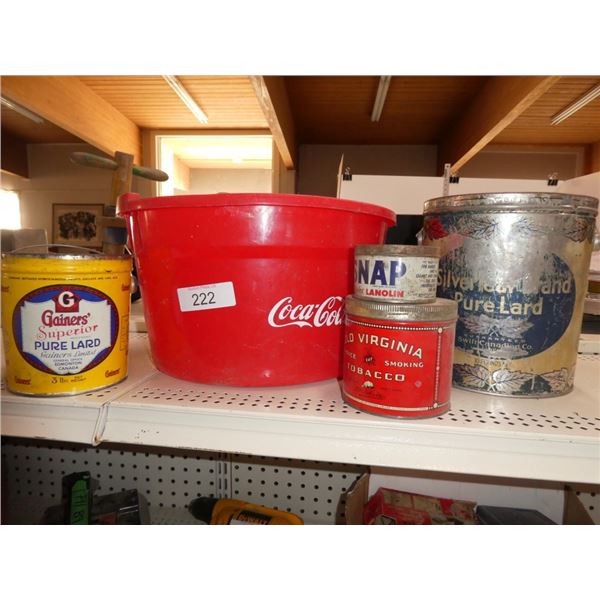 coca-cola bucket and vintage tin cans