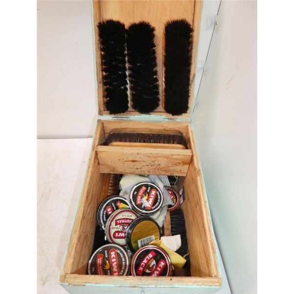 wooden box w/ shoe polishing supplies