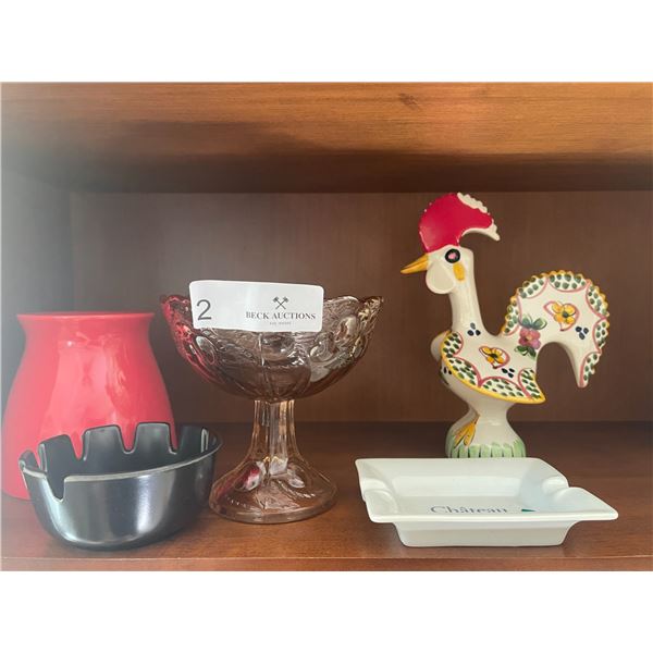 Decorative Carnival Glass, Vase, Ashtrays, Rooster