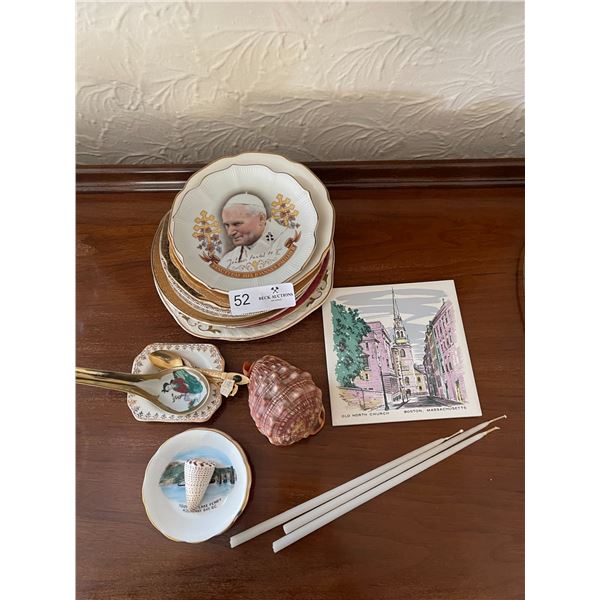 Assorted Saucers , Mini Plates, Sea Shells ,Tile Art And Candle Sticks