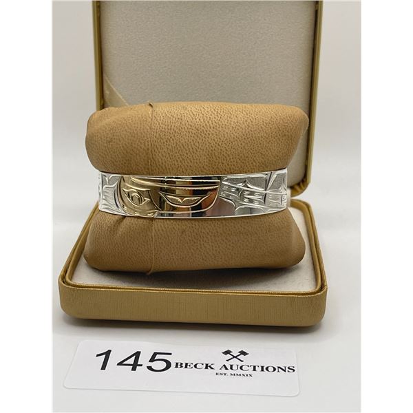 Haida Hand Carved Sterling Silver Cuff with 14K Inlay Carving 21g