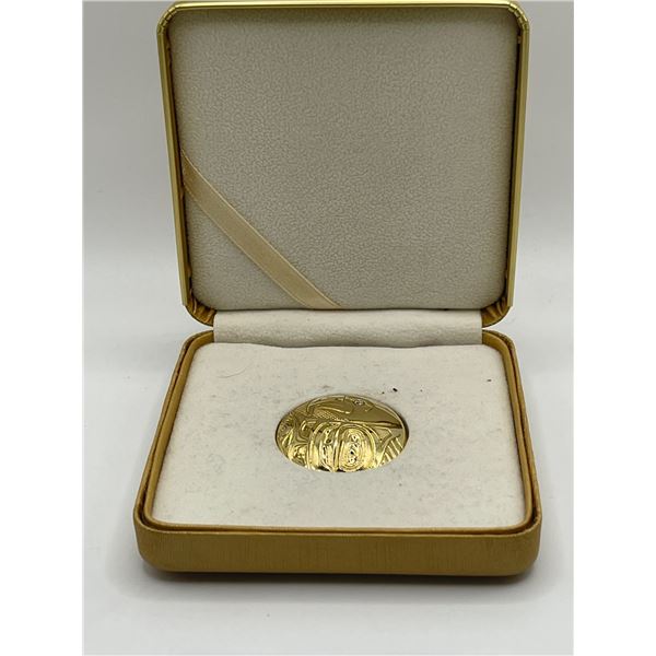 14K Yellow Gold Haida Brooch Eagle Design Diamond Eye 12g