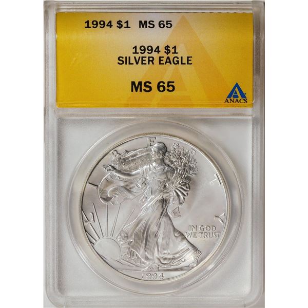 1994 American Silver Eagle .999 Fine Silver Dollar Coin ANACS MS65