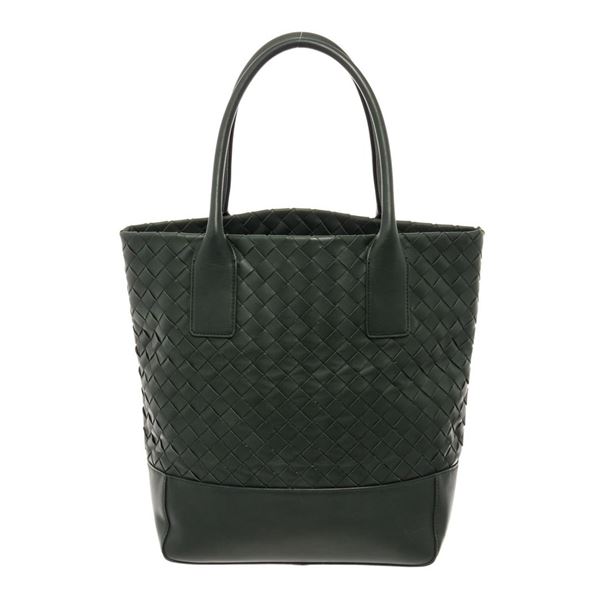 Bottega Veneta Green Leather Intrecciato Weave Open Tote Bag