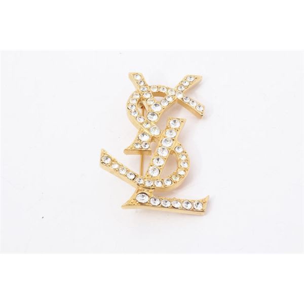 Yves Saint Laurent Vintage Gold-tone YSL Logo Rhinestone Pin Brooch