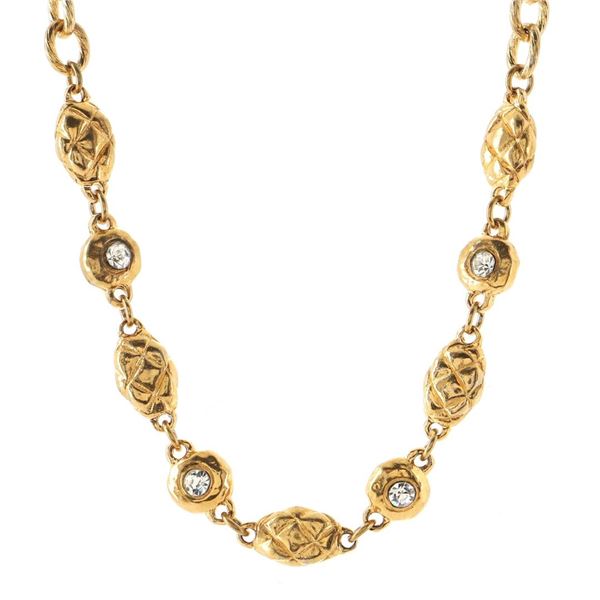 Chanel Vintage Gold-tone Quilted Medallion Metal with Crystal Necklace