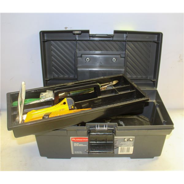 RUBBERMAID TOOL BOX WITH ASSORTED TOOLS