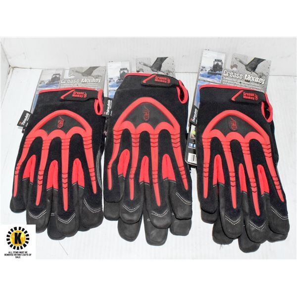 3 PAIRS OF RED GREASE MONKEY WORK GLOVES