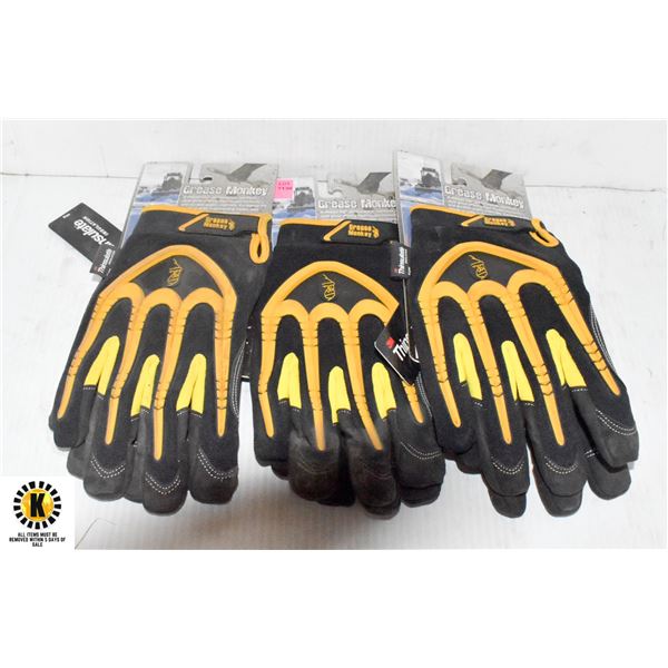 3 PAIRS OF YELLOW GREASE MONKEY WORK GLOVES