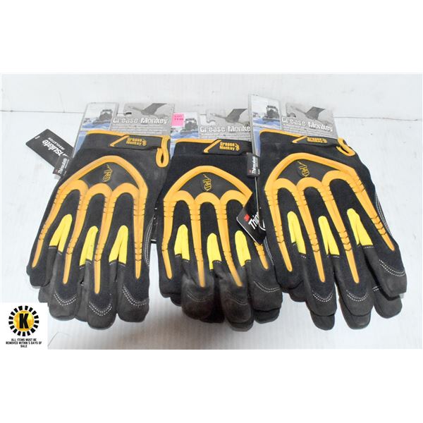 3 PAIRS OF YELLOW GREASE MONKEY WORK GLOVES