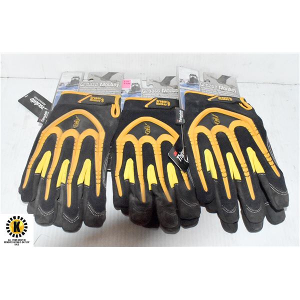 3 PAIRS OF YELLOW GREASE MONKEY WORK GLOVES