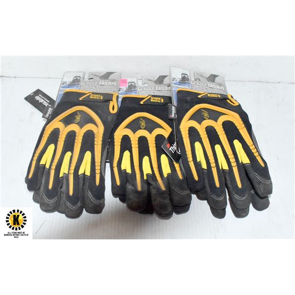 3 PAIRS OF YELLOW GREASE MONKEY WORK GLOVES