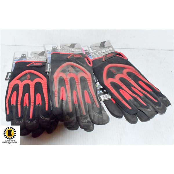 3 PAIRS OF RED GREASE MONKEY WORK GLOVES