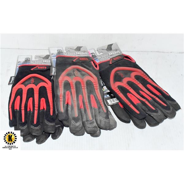 3 PAIRS OF RED GREASE MONKEY WORK GLOVES