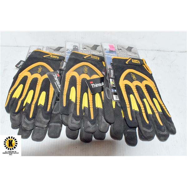 3 PAIRS OF YELLOW GREASE MONKEY WORK GLOVES