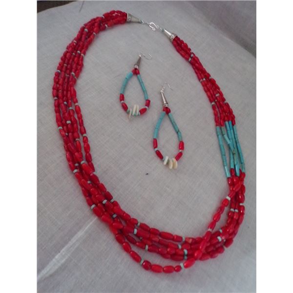 5 Strand Coral and Turquoise Necklace & Earrings