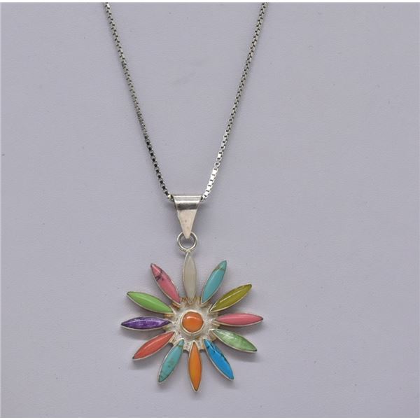 Mexican Inlay Stone Flower Pendant Necklace