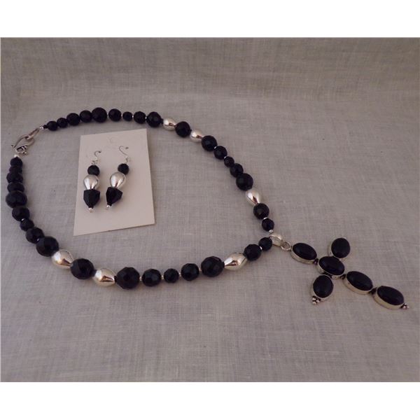 Black Glass Bead & Onyx Cross Necklace & Earrings