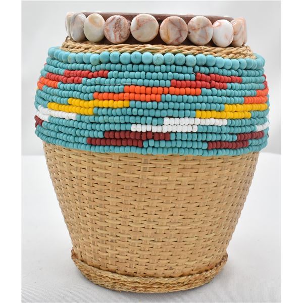 Hand Beaded Wicker Pottery Jar by K Kills Thunder