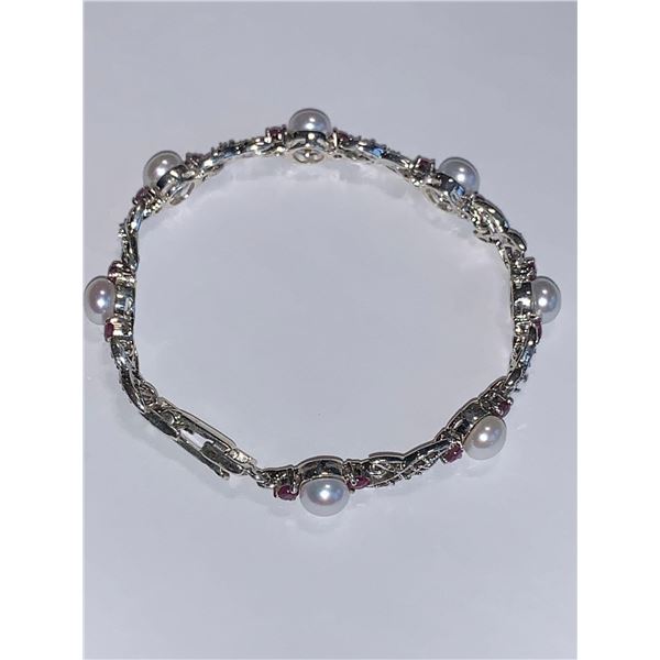 Ladies Natural Pearl & Ruby Tennis Bracelet 11.30 Carat Gemstones set in .925 silver with certificat