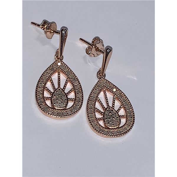 Ladies Diamond Oval Cut Earrings 1.06 Carat TW set in Rose .925 Silver with Certificate Valued $1600