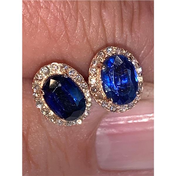 Set of Diamond & Sapphire Solitaire .925 Rose Silver Earrings with Certificate Valued $2,300.00