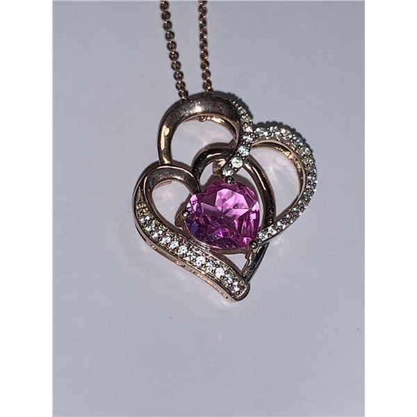 Natural Diamond & Heart Cut Topaz 2.28 Carat .925 and 14K Rose Gold Pendant & Chain set with Certifi