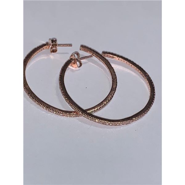 Ladies .925 and 14K Rose Gold Diamond 1.22 Carat Hoop Earring Set with Certificate Valued $1,600.00
