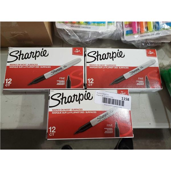 Sharpie Black Permanent Fin Tip Markers - 3 boxes of 12