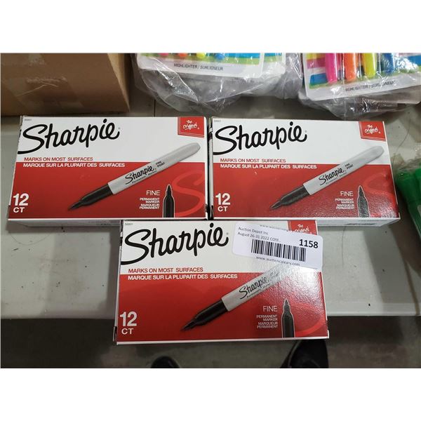 Sharpie Black Permanent Fin Tip Markers - 3 boxes of 12