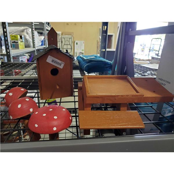Lot of 3 handmade bird feeders, yard mushrooms & house