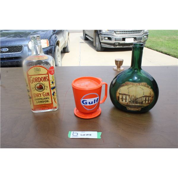 Gulf Travel Mug, (2) Liquor bottles