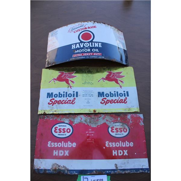 (3) Oil can side panels - Esso, Mobiloil, Havoline