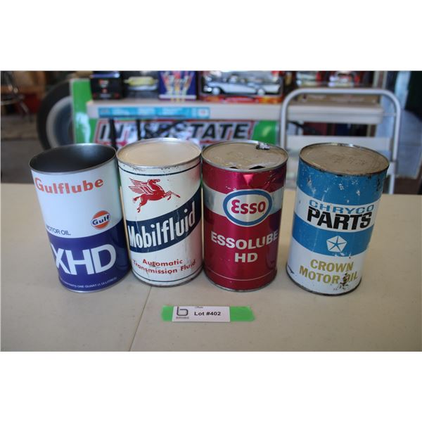 (4) Oil Cans - Gulflube, Mobilfluid, Esso, Chryco - 1 quart