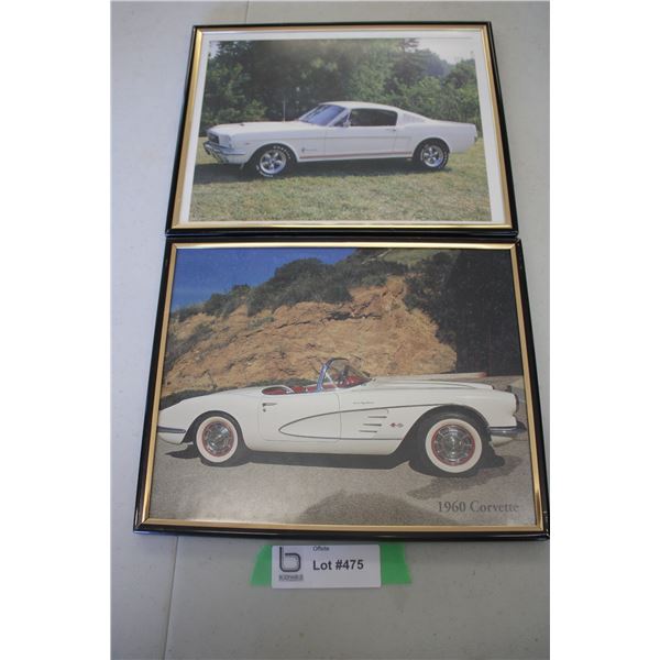 (2) Framed Pictures - 60 Corvette, Mustang