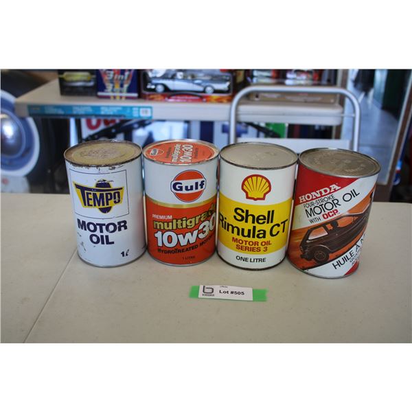 (4) Oil Cans - Tempo, Gulf, Shell Rimula, Honda