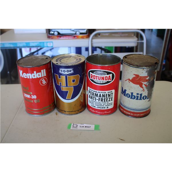 (4) Oil cans - Kendall, Co-Op, Rotunda, Mobiloil