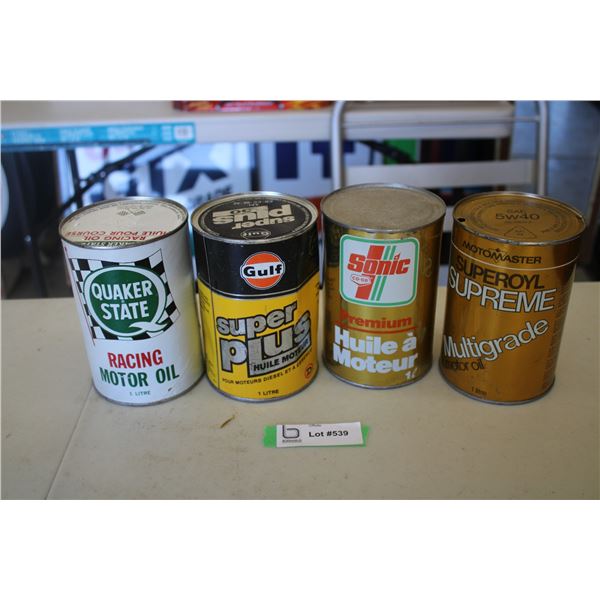 (4) Oil cans - Quaker State Racing, Gulf Super Plus, Co-Op Sonic, Motormaster Supreme