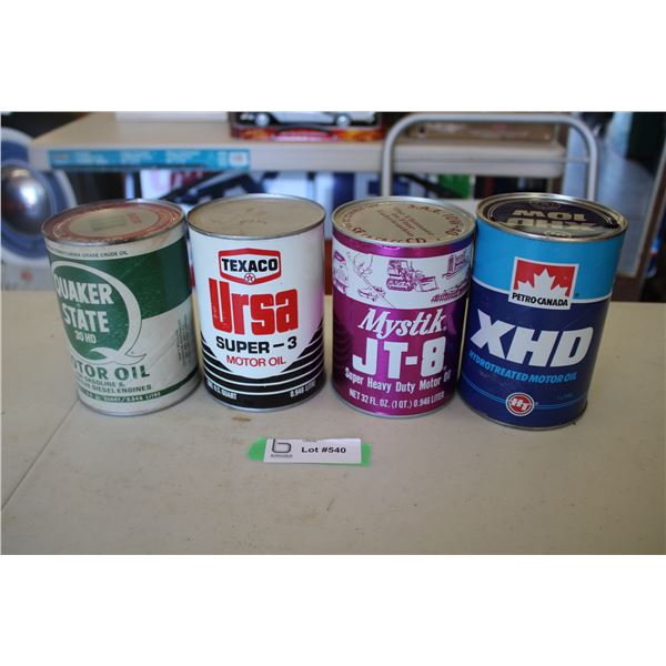 (4) Heavy Duty oil cans - Quaker State, Texaco, Mystik, Petro Canada