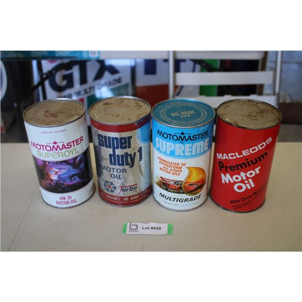 (4) Oil cans - Motomaster, Turbo, Motomaster Supreme, Macleods (motomaster both full)
