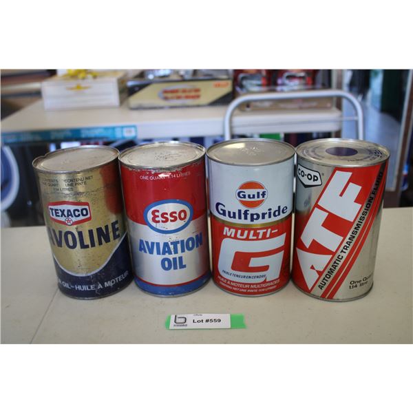 (4) FULL Oil cans - Texaco, Esso Aviation, Gulfpride, Co-Op ATF