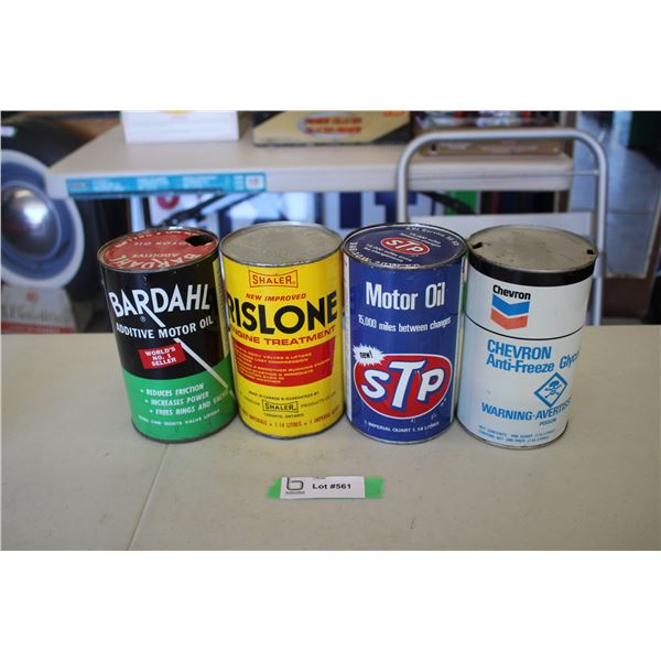 (4) Oil cans - Bardahl, Shaler Rislone, STP, Chevron Anti-freeze