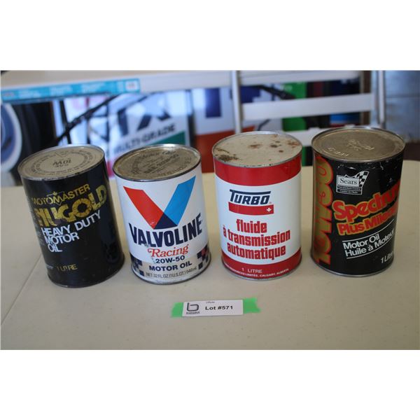 (4) Oil cans - Motomaster Gold, Valvoline Racing, Turbo ATF, Sears 10W30