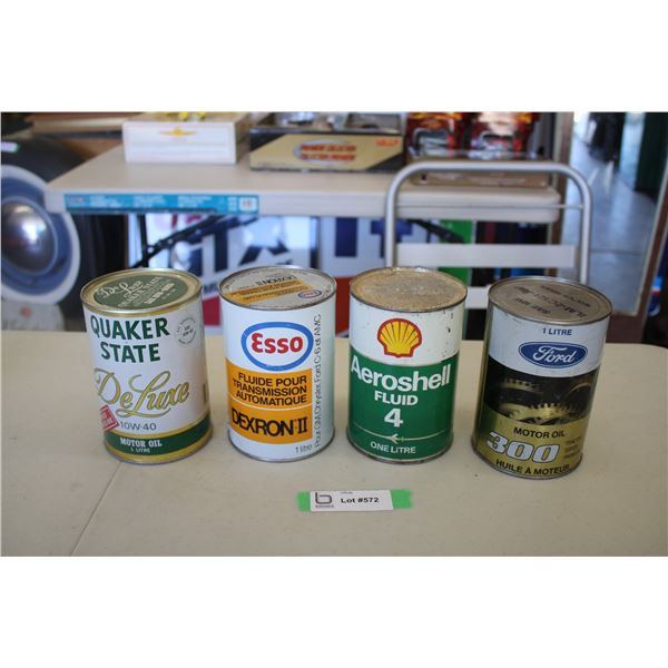 (4) Oil cans - Quaker State Deluxe, Esso ATF, Aeroshell Fluid, Ford 300
